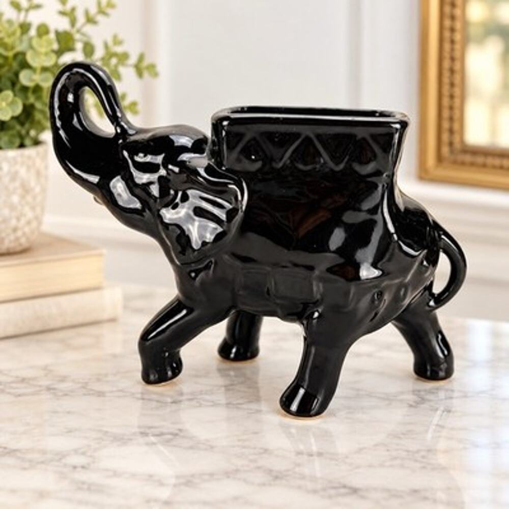 Vintage Black Ceramic Elephant Planter Figurine Trunk Up 8" Good Luck Decor